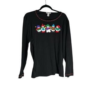 Mercer Street Studio Black‎ Long Sleeve Christmas Winter Snowman Crewneck Shirt
